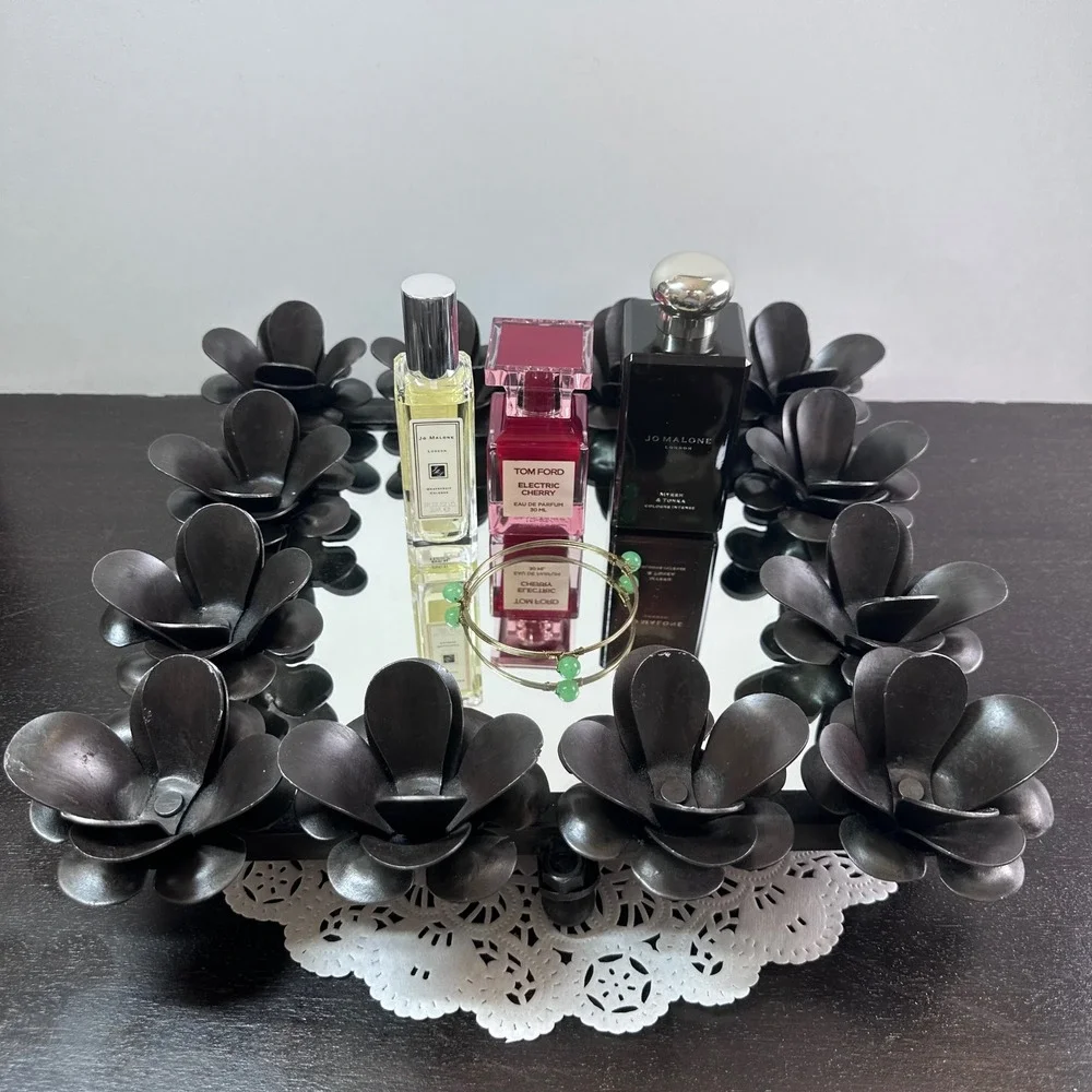 Vintage Brutalist Black Metal Floral Square Mirror Vanity Tray 11.5